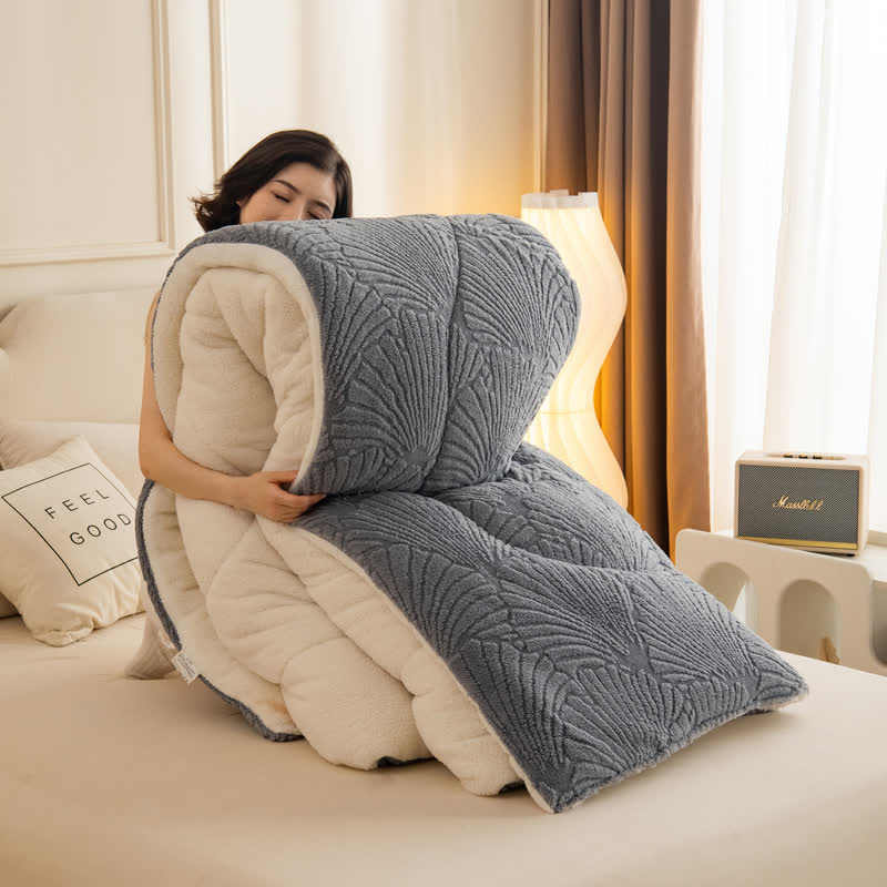 Sherpa Jacquard Ginkgo Leaf  Blanket with Quilt Core - Gray - Queen - image 14