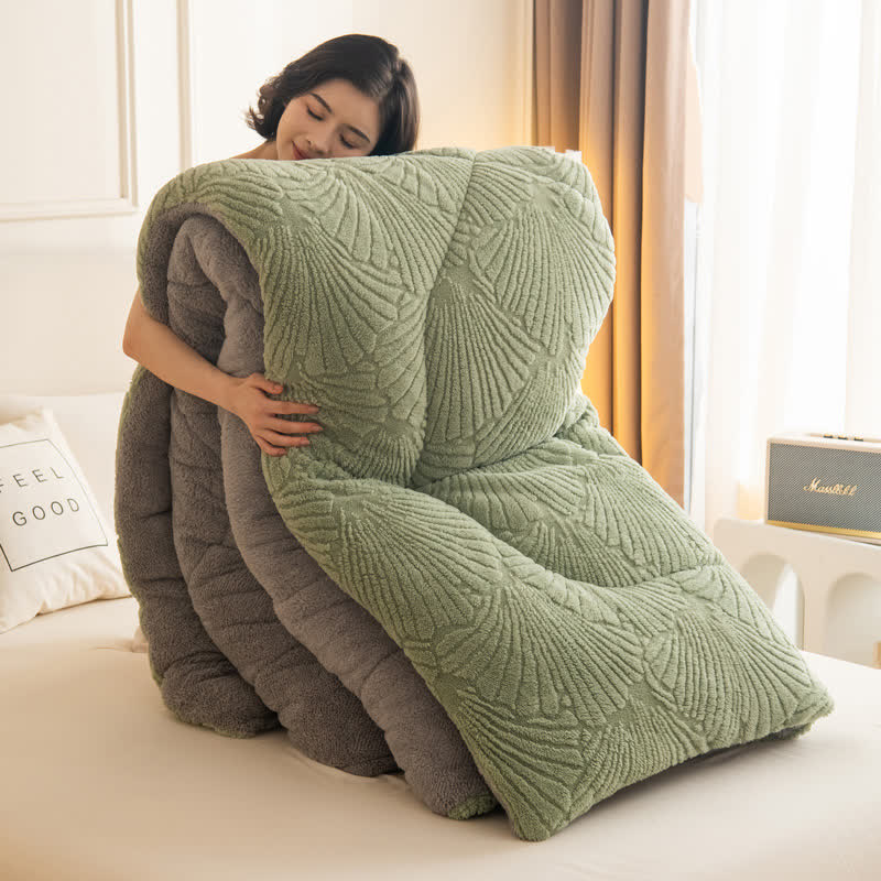 Sherpa Jacquard Ginkgo Leaf  Blanket with Quilt Core - Avocado Green - Queen - image 12