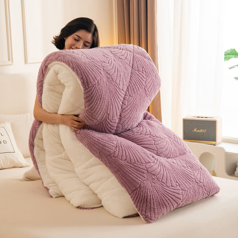 Sherpa Jacquard Ginkgo Leaf  Blanket with Quilt Core - Purple - Queen - image 16