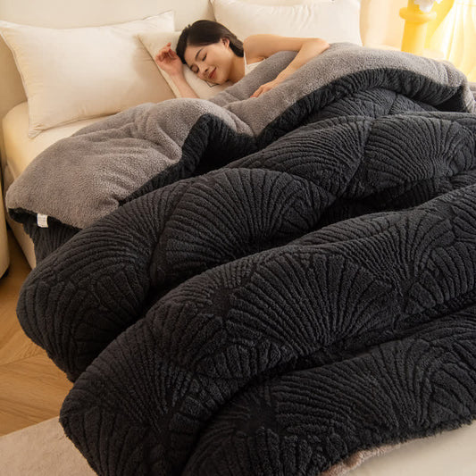 Sherpa Jacquard Ginkgo Leaf  Blanket with Quilt Core - Dark Gray - Queen - image 0