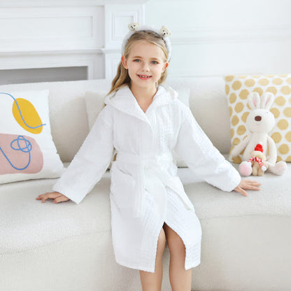 Pure Cotton Waffle Textured Breathable Bathrobe - White - Child:170cm - image 10