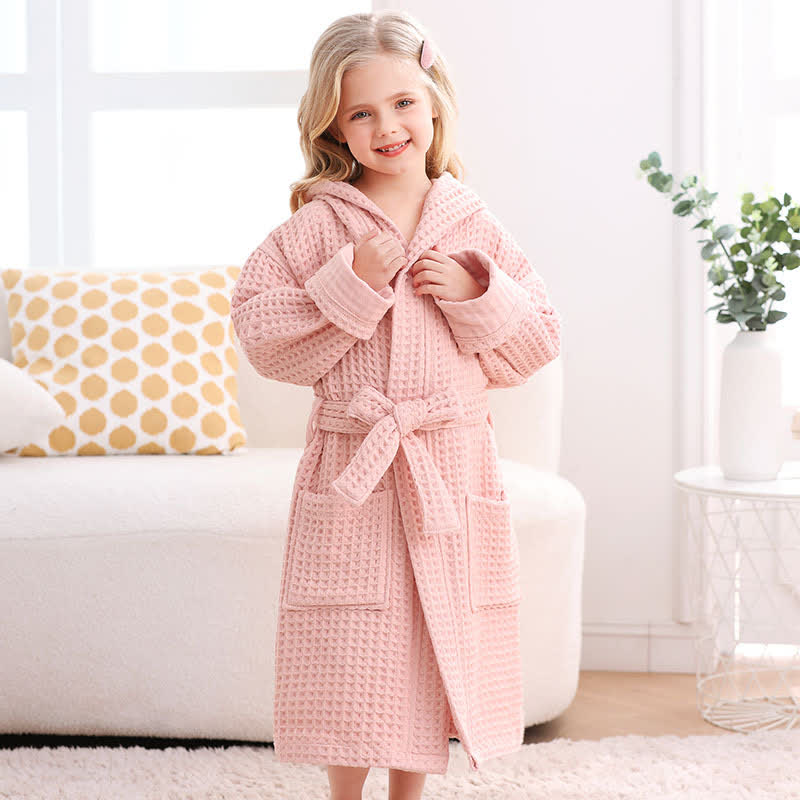 Pure Cotton Waffle Textured Breathable Bathrobe - Pink - Child:170cm - image 3