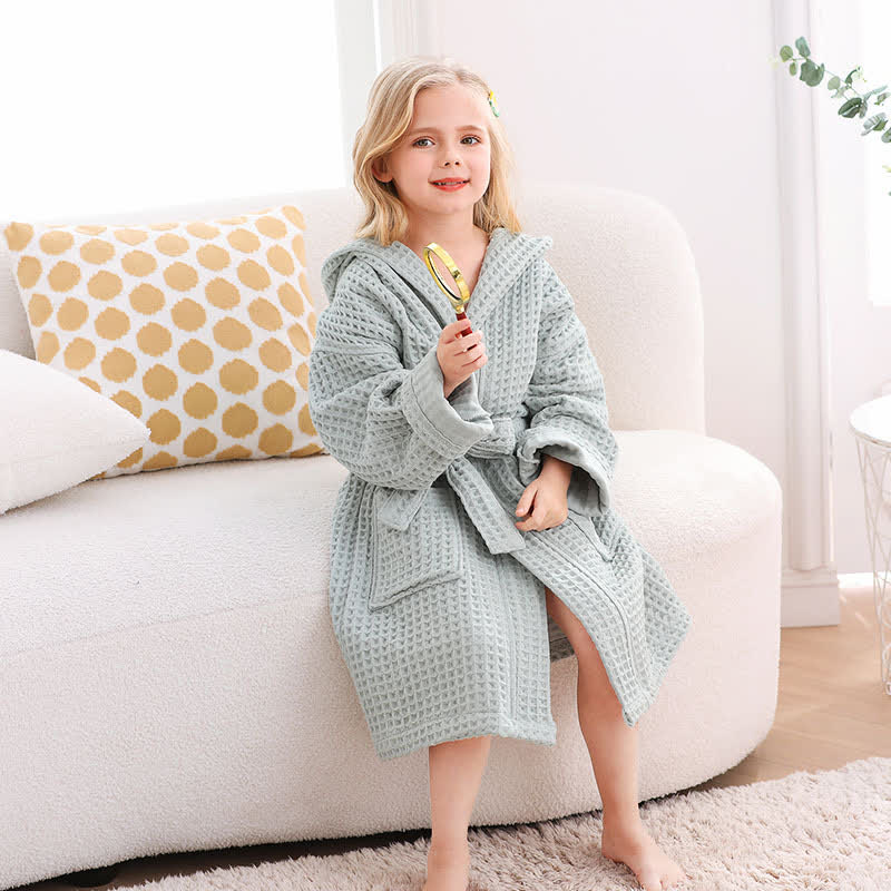 Pure Cotton Waffle Textured Breathable Bathrobe - Green - Child:170cm - image 9