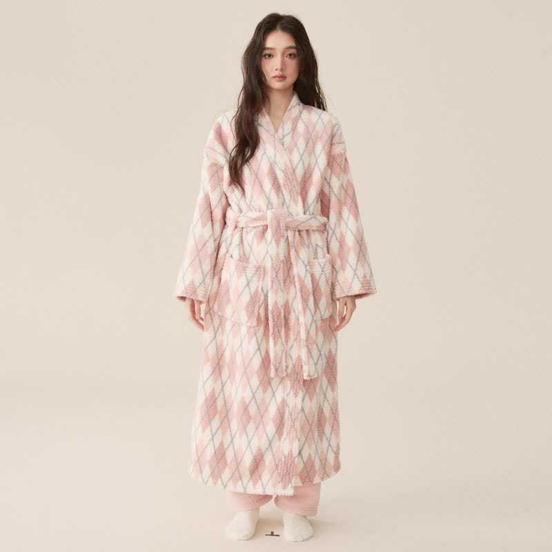 Diamond Print Fleece Long Bathrobe - Pink - Bathrobe with pants - 2XL - image 1
