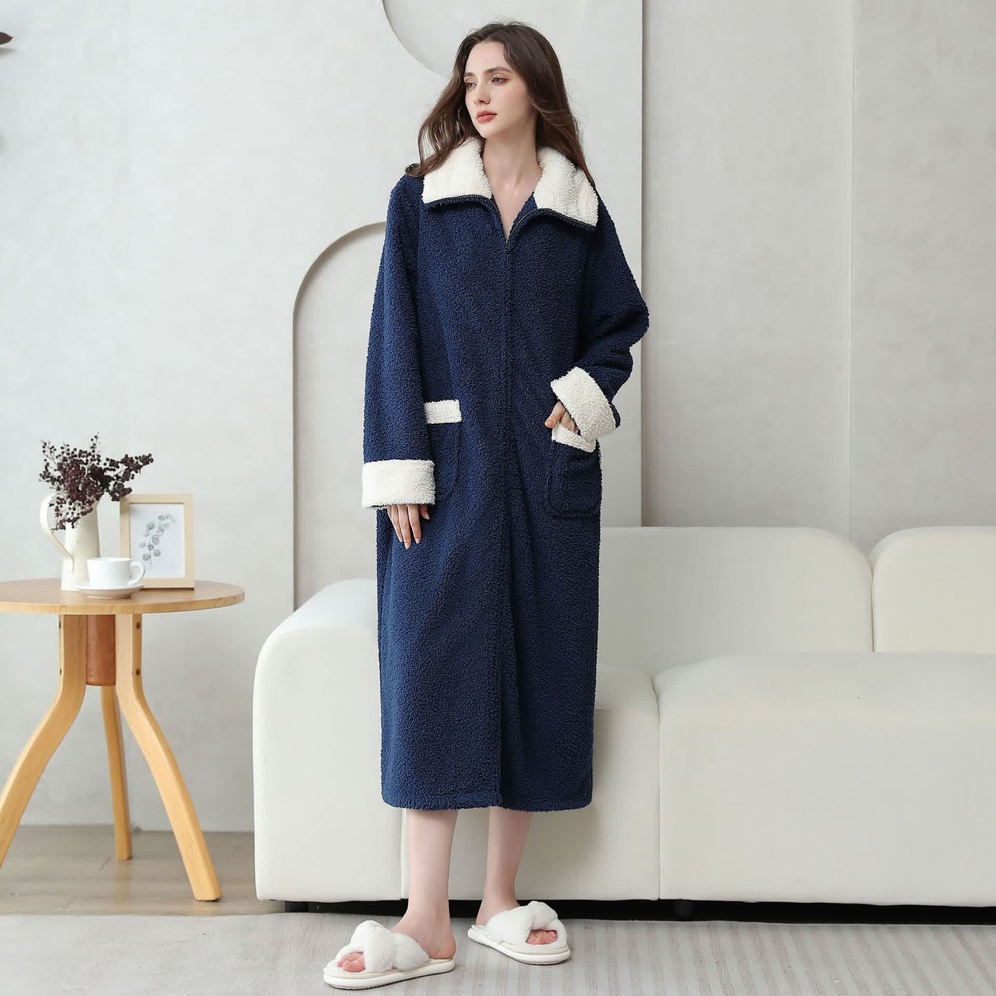 Soft Fleece Warm Zippered Long Nightgown - Navy Blue - XL - image 9