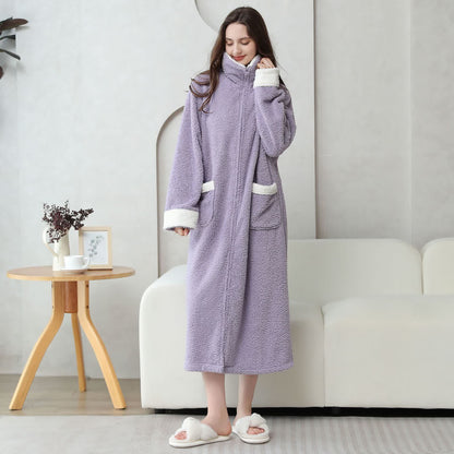 Soft Fleece Warm Zippered Long Nightgown - Purple - XL - image 5