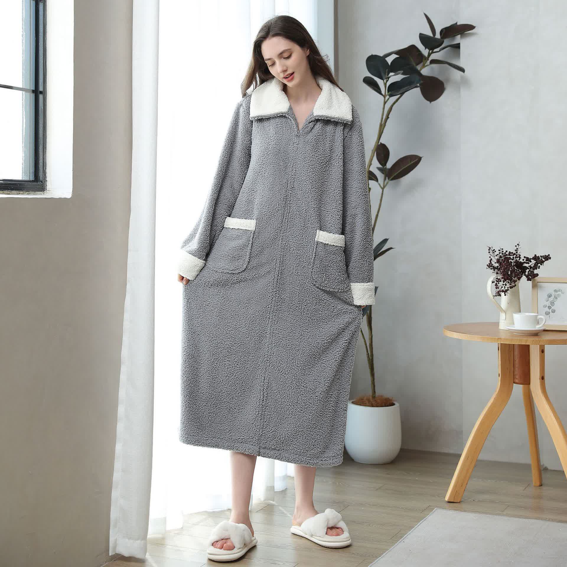 Soft Fleece Warm Zippered Long Nightgown - Gray - XL - image 0