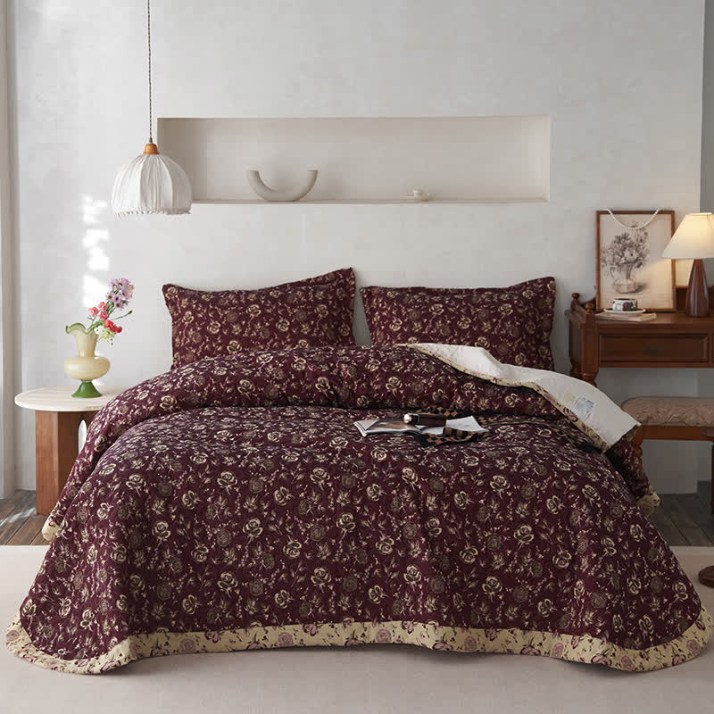 Retro Rose Quilted Cotton Gauze Coverlet - image 1