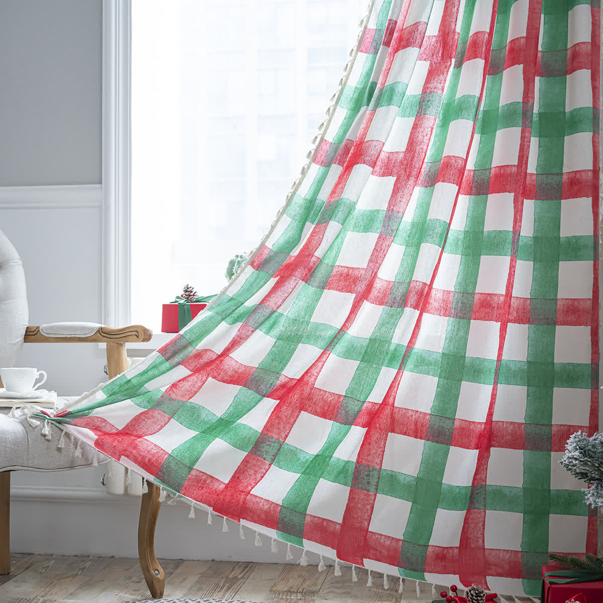 Cotton Christmas Plaid Semi-shading Curtain - Hook - 59"W x 118"L - image 0