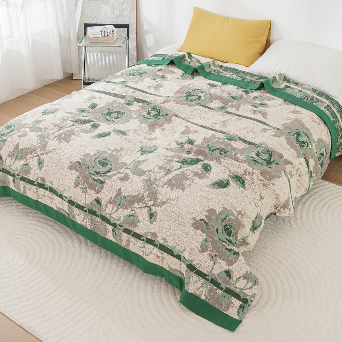 Cotton Gauze Rose Print Comfy Quilt - Green - King - image 2