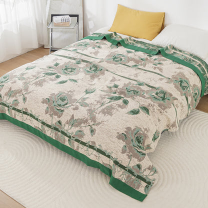 Cotton Gauze Rose Print Comfy Quilt - Green - King - image 2