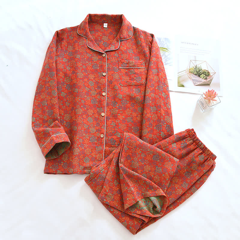 Rose Flower Cotton Lapel Nightwear Set - image 1