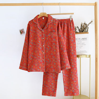 Rose Flower Cotton Lapel Nightwear Set - Red - XL - image 0