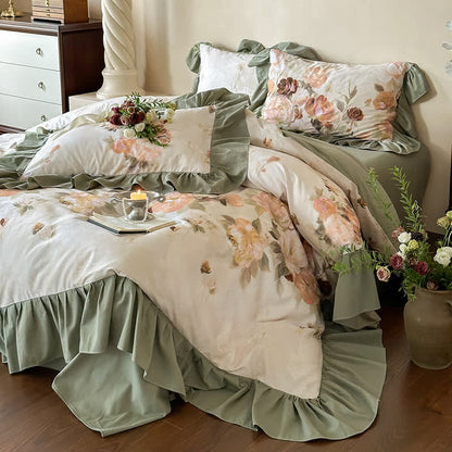 Brushed Cotton Floral Lace Edge Bedding Set (4PCS) - Green - Fitted Sheet Bedding Set - Queen - image 2