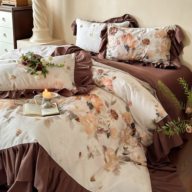 Brushed Cotton Floral Lace Edge Bedding Set (4PCS) - Brown - Fitted Sheet Bedding Set - Queen - image 0