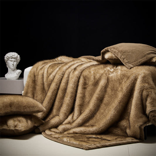 Double Layer Faux Fur Winter Throw Blanket - Coffee - 79"W x 90"L - image 0