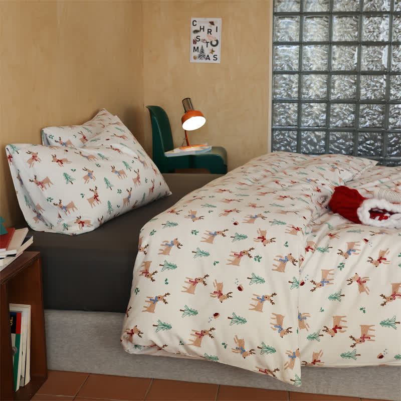 Christmas Tree Elk Cotton Bedding Set(4PCS) - Flat Sheet - King - image 0