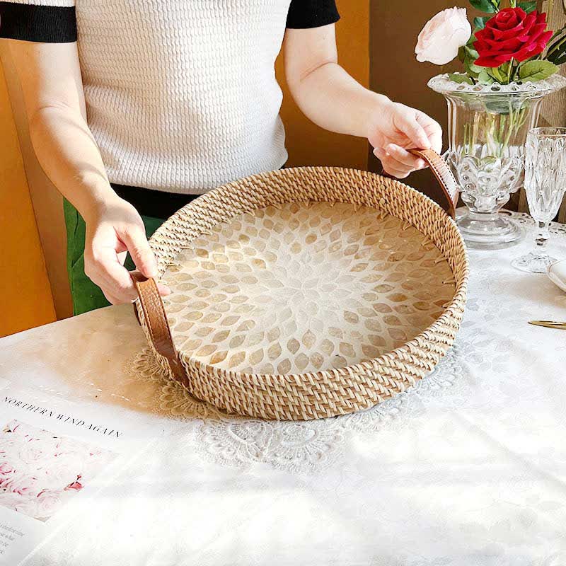Farmhouse Rattan Woven Storage Basket - Round Leaves - Woven Rattan + Leather - image 5