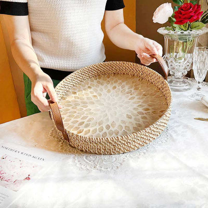 Farmhouse Rattan Woven Storage Basket - Round Leaves - Woven Rattan + Leather - image 5