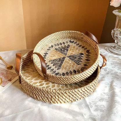Farmhouse Rattan Woven Storage Basket - Round Geometric - Woven Rattan + Leather - image 1