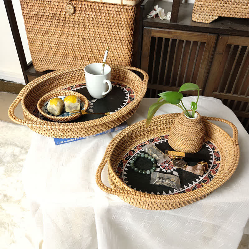 Handmade Rattan Desktop Storage Basket(3PCS) - Oval - Woven Rattan + Panel - 3PCS - image 0