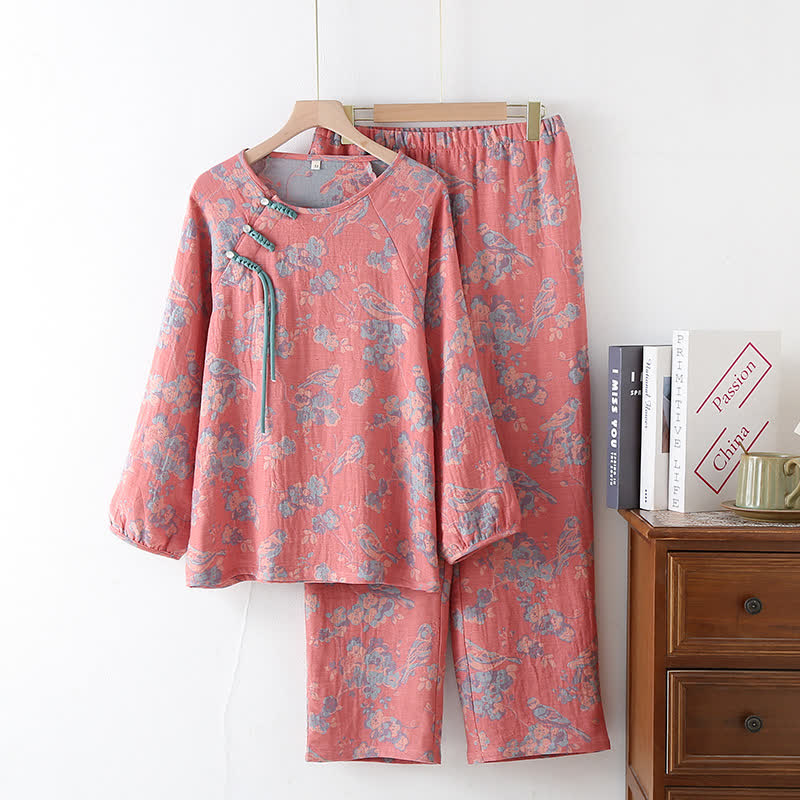 Floral Bird Frog Button Cotton Pajama Set - Pink - XL - image 2