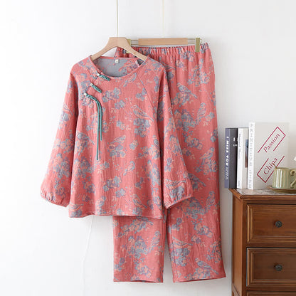 Floral Bird Frog Button Cotton Pajama Set - Pink - XL - image 2