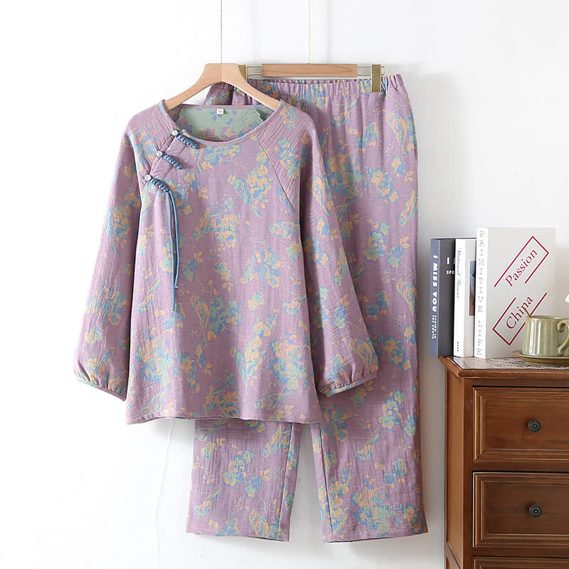 Floral Bird Frog Button Cotton Pajama Set - Purple - XL - image 5