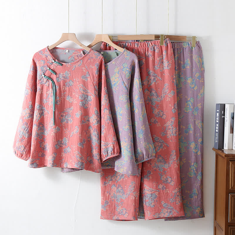 Floral Bird Frog Button Cotton Pajama Set - image 0