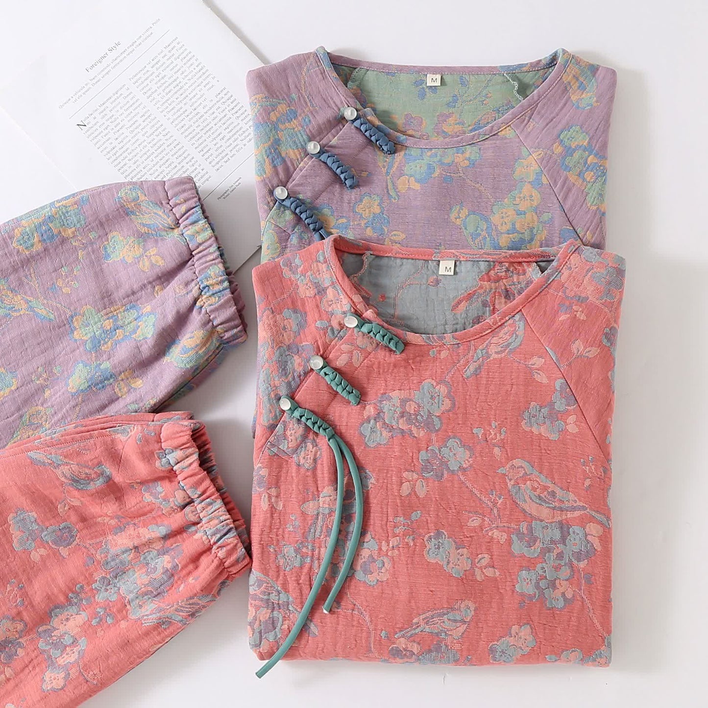 Floral Bird Frog Button Cotton Pajama Set - image 1