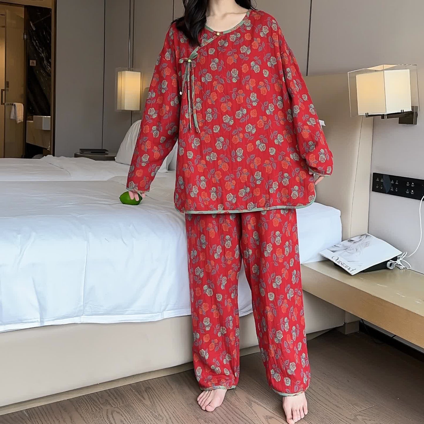 Plus Size  Rose Cotton Soft Pajama Set - Red - 4XL - image 0