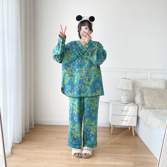 Plus-size Bright Cotton Gauze Pajama Set - Blue Green - 5XL - image 0