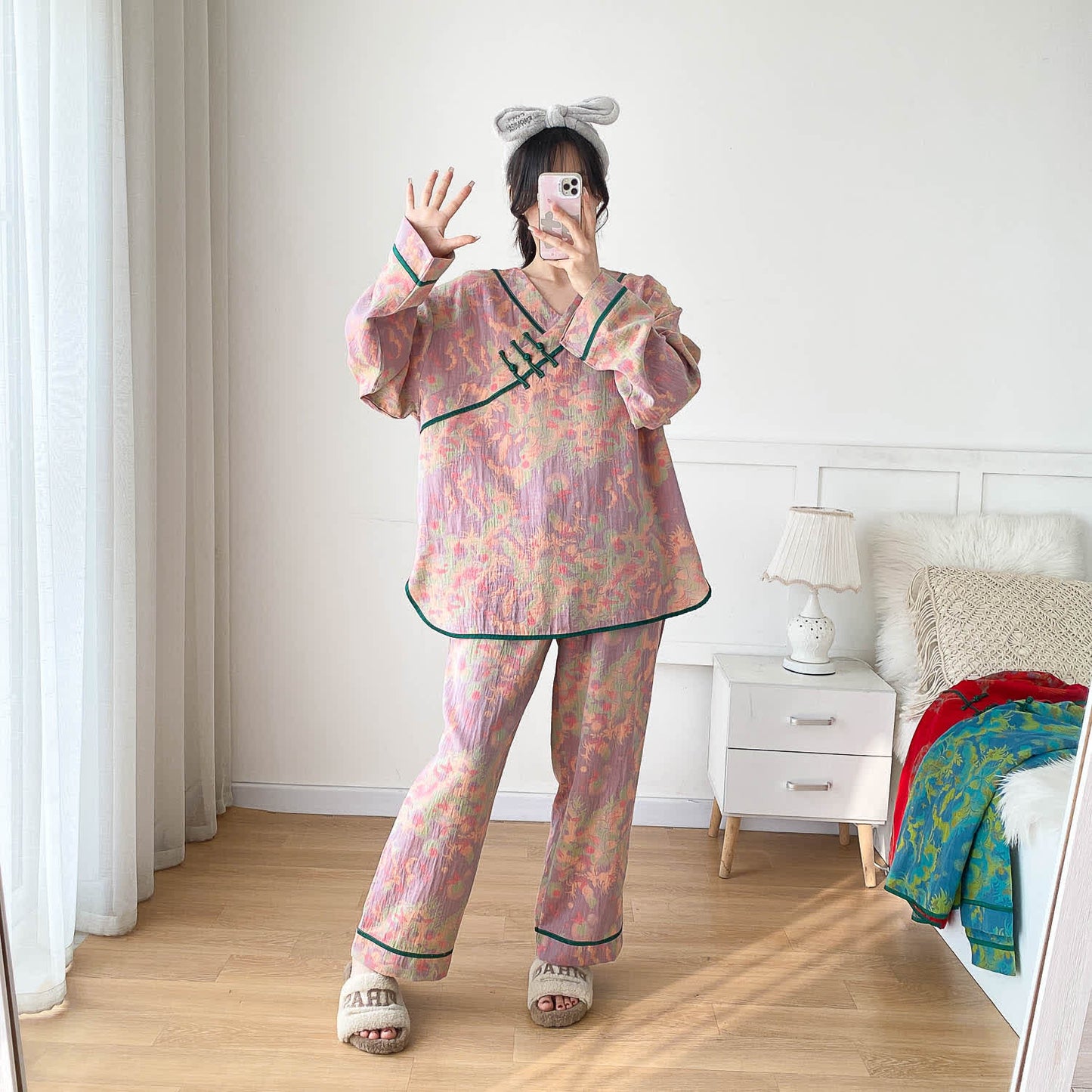 Plus-size Bright Cotton Gauze Pajama Set - Pink - 5XL - image 6
