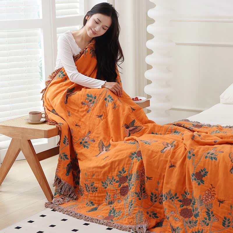 Bird & Flower Cotton Gauze Reversible Quilt - image 11