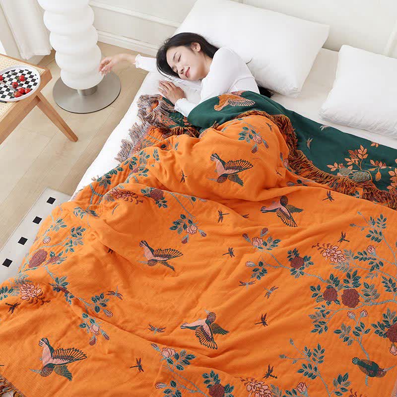 Bird & Flower Cotton Gauze Reversible Quilt - Dark Green & Orange - Queen - image 10