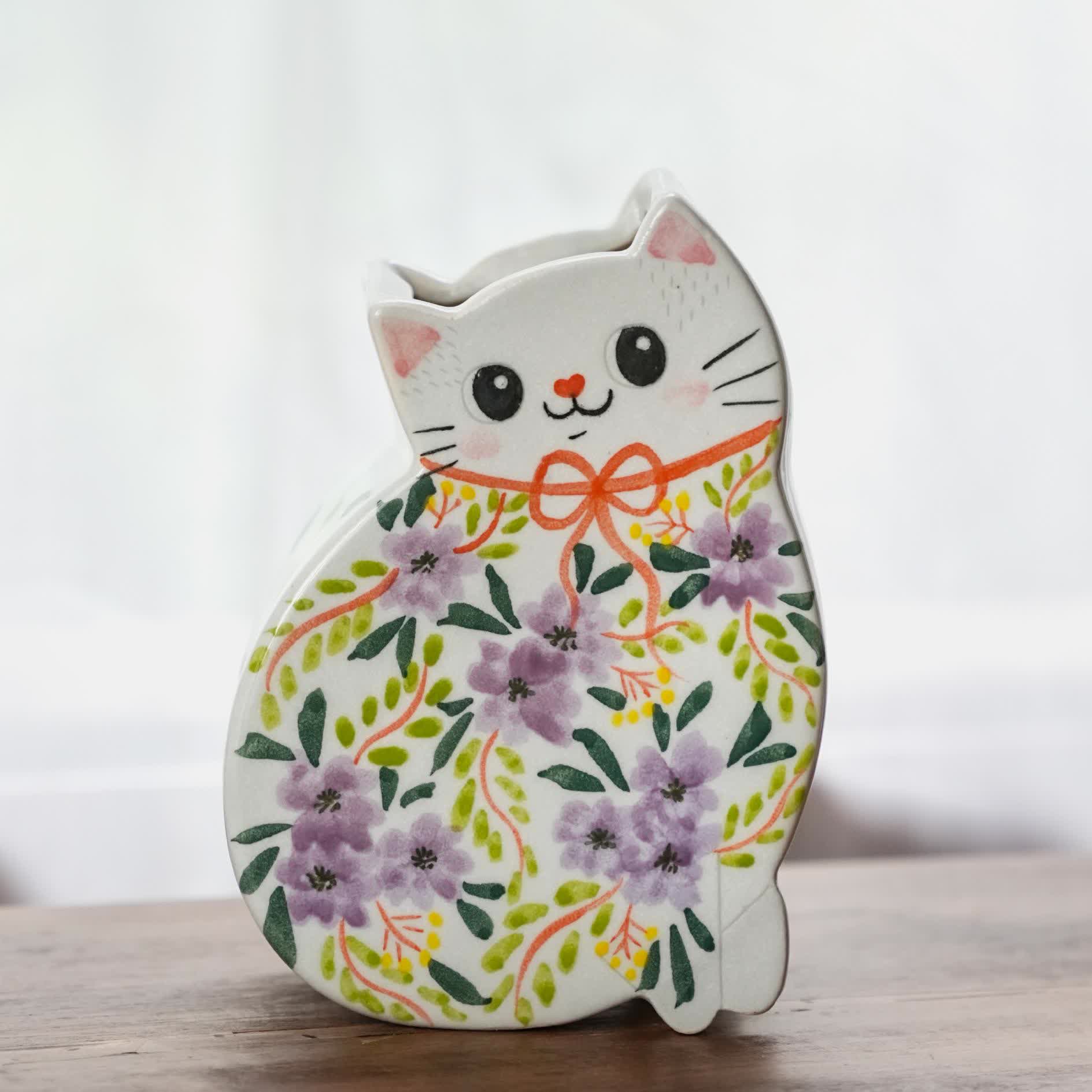 Creative Hand-painted Cat-shaped Ceramic Vase - image 4