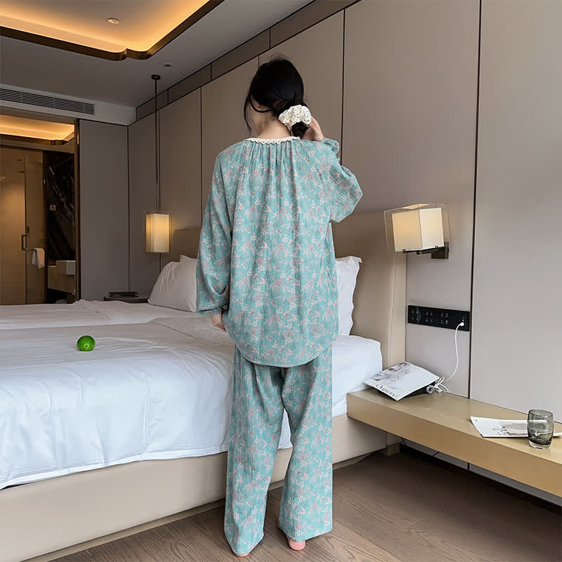 Plus Size Lace Neckline Cotton Pajama Set - image 2