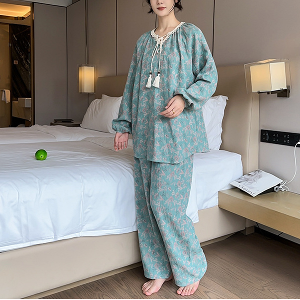 Plus Size Lace Neckline Cotton Pajama Set - image 1
