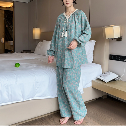 Plus Size Lace Neckline Cotton Pajama Set - image 1