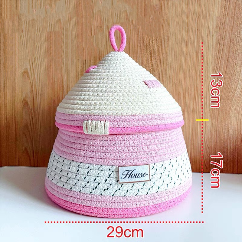 Cotton Woven House Desktop Storage Box - Pink - image 2