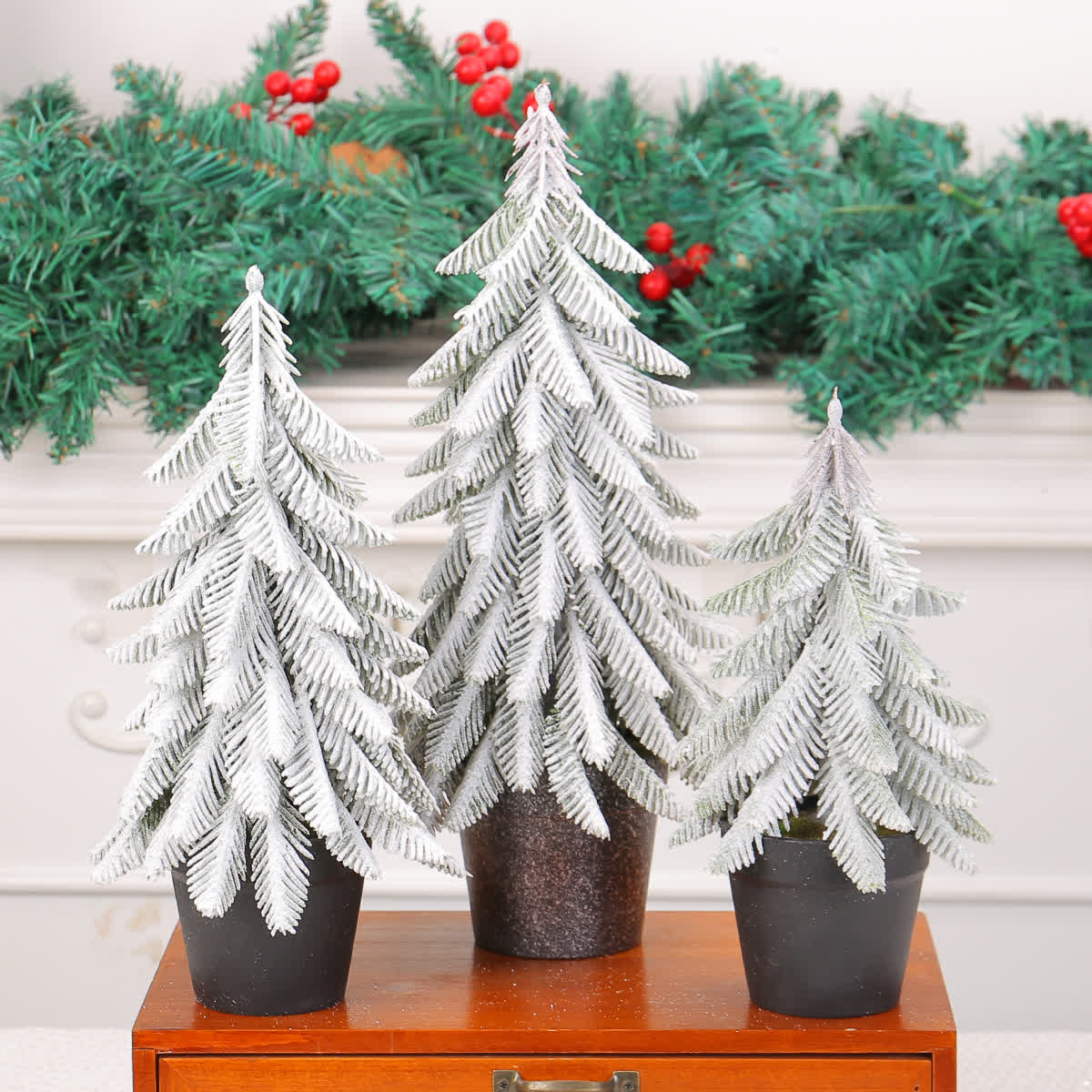 Snow Christmas Tree Potted Home Decoration  - 3PCS - 8.66"H + 10.62"H +12.99"H - image 0