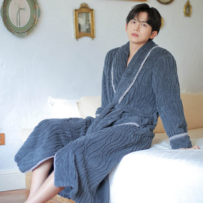 Simple Winter Fleece Couple Long Bathrobe - Haze Blue - Men 2XL - image 3