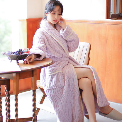 Simple Winter Fleece Couple Long Bathrobe - Light Purple - Women 2XL - image 10