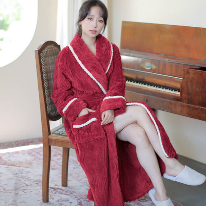Simple Winter Fleece Couple Long Bathrobe - Red - Women 2XL - image 8