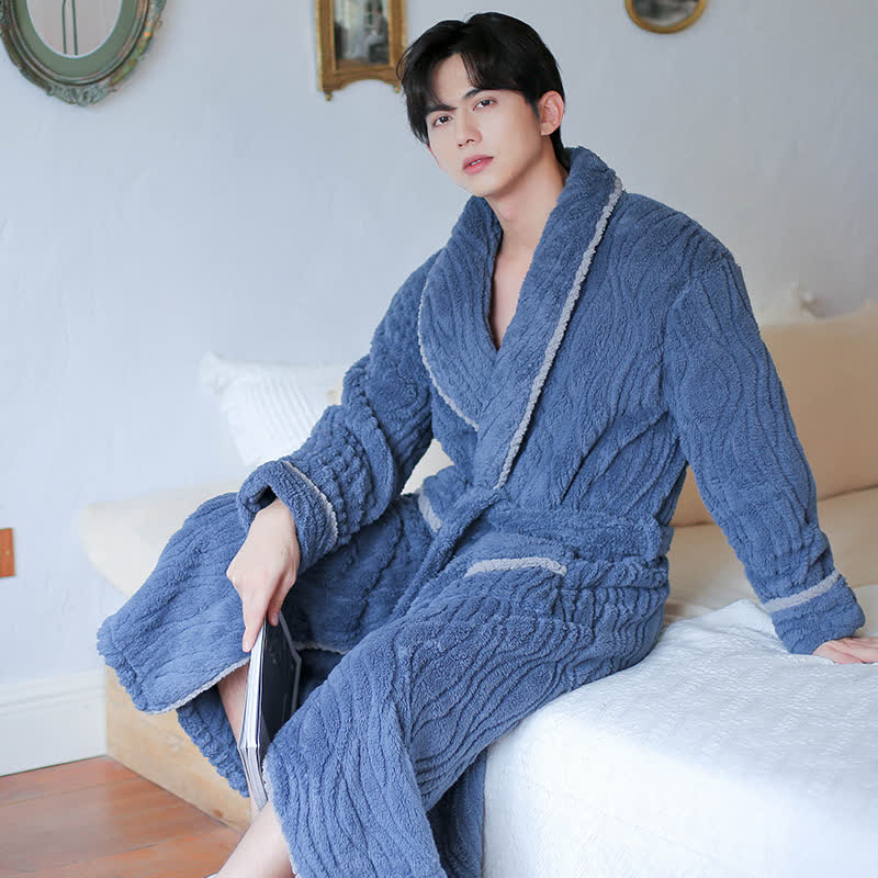 Simple Winter Fleece Couple Long Bathrobe - Blue - Men 2XL - image 5