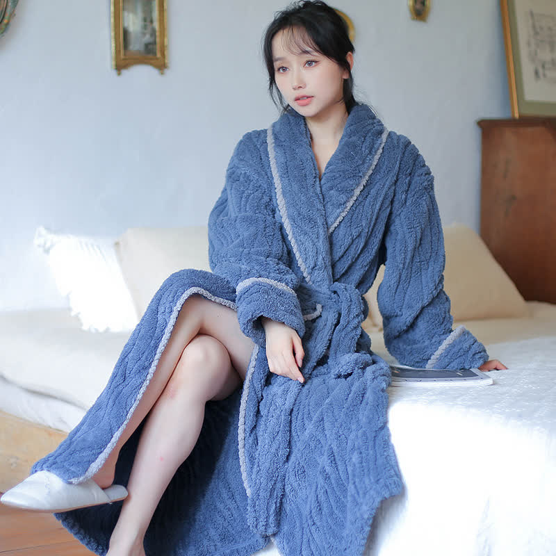 Simple Winter Fleece Couple Long Bathrobe - Blue - Women 2XL - image 4
