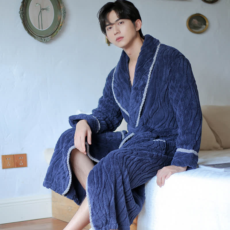 Simple Winter Fleece Couple Long Bathrobe - Dark Blue - Men 2XL - image 7