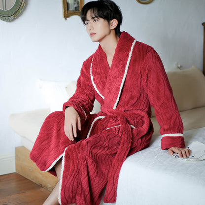Simple Winter Fleece Couple Long Bathrobe - Red - Men 2XL - image 9