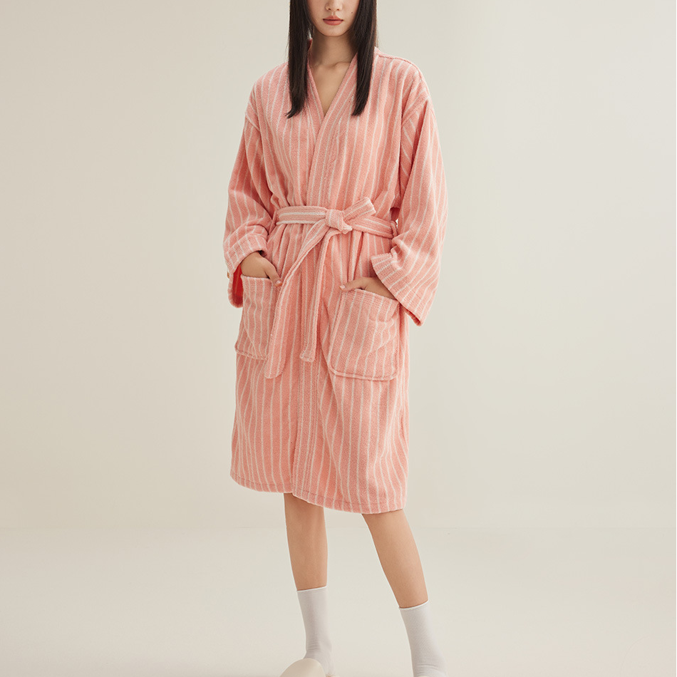Pure Cotton Simple Striped Soft Bathrobe - Peachy Pink - S - image 8