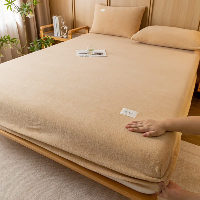 Solid Color Soft Flannel Fitted Sheet - Coffee - 2pcs Pillowcases - 19" x 29" - image 11